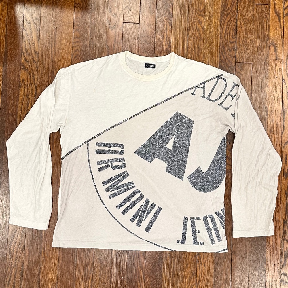 Armani Jeans  Mens Long Sleeve Graphics Tee- Beige, Large,Made in Italy